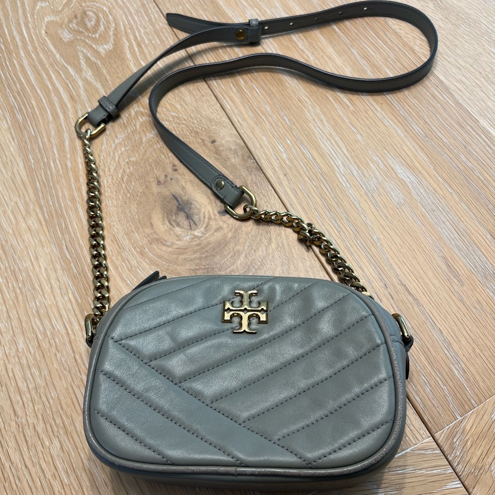 Tory Burch Gray Quilted Crossbody Bag with Gold Accents